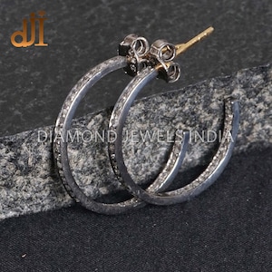 Champagne Diamond Half Hoop Earrings, Pave Diamond Jewelry, 25 MM Hoop Earrings, Christmas Gift For MOM, Oxidized 925 Silver Jewelry