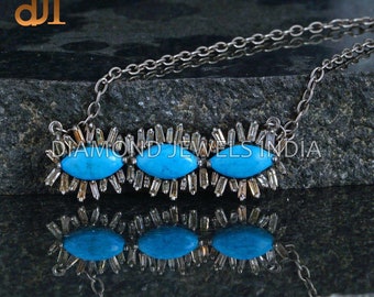 Baguette Diamond Turquoise Gemstone Pendant Necklace, Baguette Diamond Necklace, Diamond Chain Necklace, Turquoise Necklace