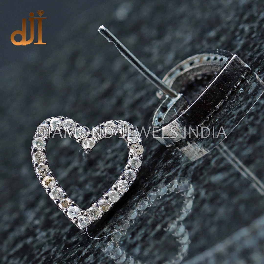 Single Line Pave Diamond Silver Heart Stud Earrings, Diamond