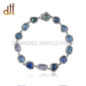 Pave Diamond Sapphire Bracelet, Silver Bracelet Jewelry, Unisex Bracelet, Pave Diamnd Bracelet, Gemstone Jewelry, Gift For Her