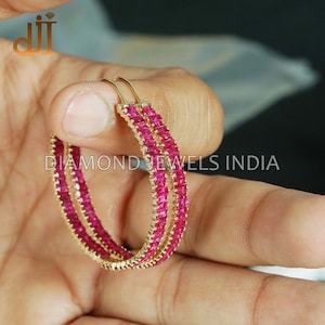 Aros de rubí de oro de 14 k, pendientes baguette, joyería de pendientes de rubí, pendientes de piedras preciosas, pendientes de aro, joyería de boda, aro de mujer, aro de oro de 14 k