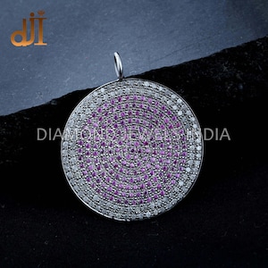 Pink Sapphire Gemstone Pave Diamond Oxidized 925 Silver Designer Round Disc Unisex Pendant Necklace Jewellery For Gifts Summer Jewelry