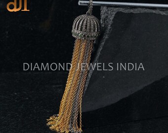 Oxidized Silver Tassel Pendant: Pave Diamond & Chrome Diopside, Gold Filled Chain