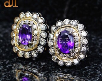 Amethyst Gemstone Pave Diamond 925 Silver Stud Earrings
