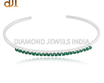 Emerald 14k White Gold Bangle: Dainty Cuff Bracelet, May Birthstone