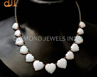 14K Yellow Gold Necklace & Earrings Set With Natural Heart-Shaped Opals - Handmade Fine Jewelry Gift - View #3