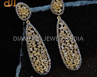 925 Silver Baguette Diamond Drop Dangle Earrings, Pave Diamond Earlobe Jewelry, Diamond Jewellery, Gold Vermeil Earrings, Women's Earrings