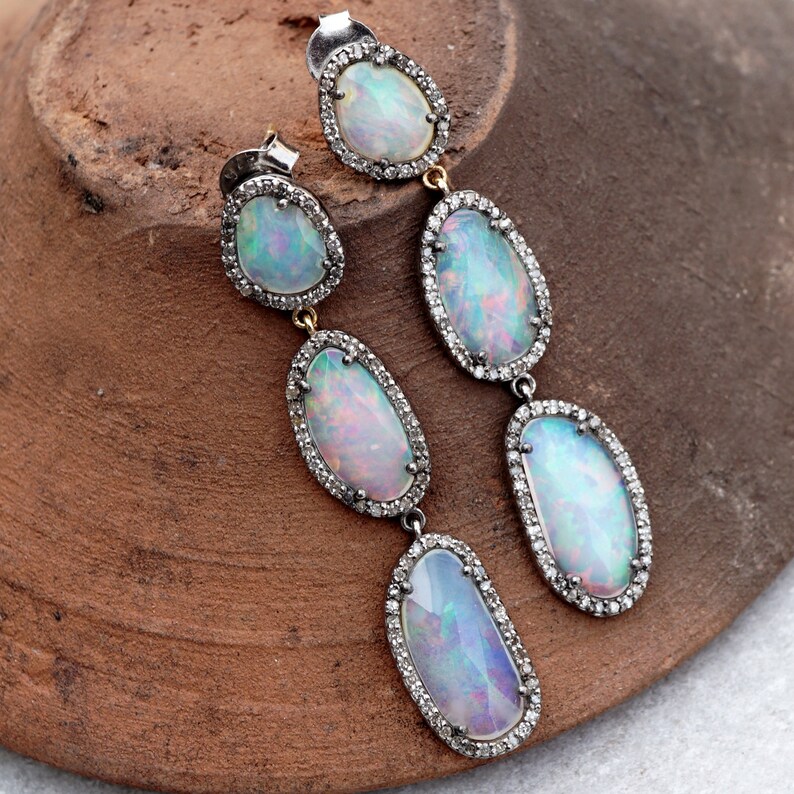 Opal Gemstone Pave Diamond 14k Gold Handcrafted Drop Dangle 925 Silver Earrings Jewelry EAMJ-1150