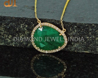 Pave Diamond Emerald Pendant, Solid 14k Yellow Gold Pendant Chain Necklace, Fine Jewelry, Pendant Necklace, Gift For Her, New Design