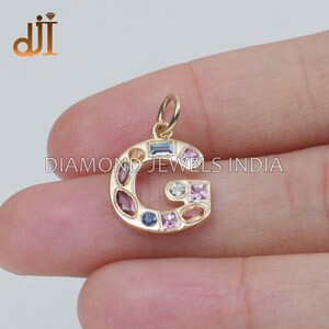 Luxury Initial Pendant, 14k Gold Initial G Charm, Multi Sapphire Alphabet Charm, Sapphire Jewelry, Christmas Gift Pendant, Solid 14k Gold