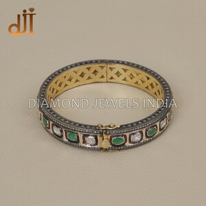 Yellow Vermeil Polki Diamond Emerald 925 Silver Bangle, Rose Cut Diamond Bangle, Art Deco Victorian Bangle, Vintage Round Bangle Openable