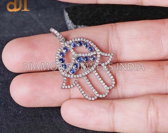 Blue Sapphire Diamond Hamsa Pendant, Hamsa Hand Unisex Pendant, Religious Hamsa, Gemstone Hamsa, Blue Sapphire Jewelry, Pave Diamond Jewelry