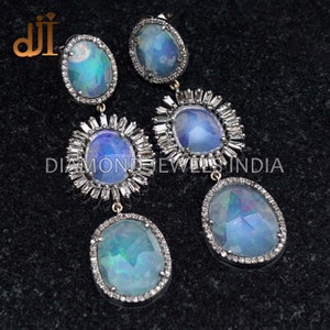 Natürlicher Opal Edelstein 925 Silber Pave Diamant Designer Tropfen baumeln Handgefertigte Ohrringe Handgemachter Schmuck EAMJ-1138