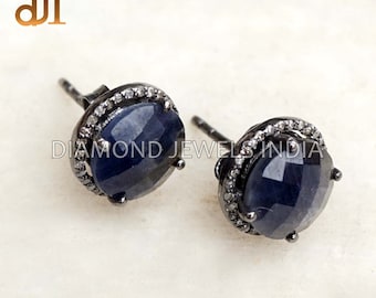 Blue Sapphire Gemstone 925 Silver Handmade Pave Diamond 13 MM Round Stud Earrings Fashion Jewelry EAMJ-1030