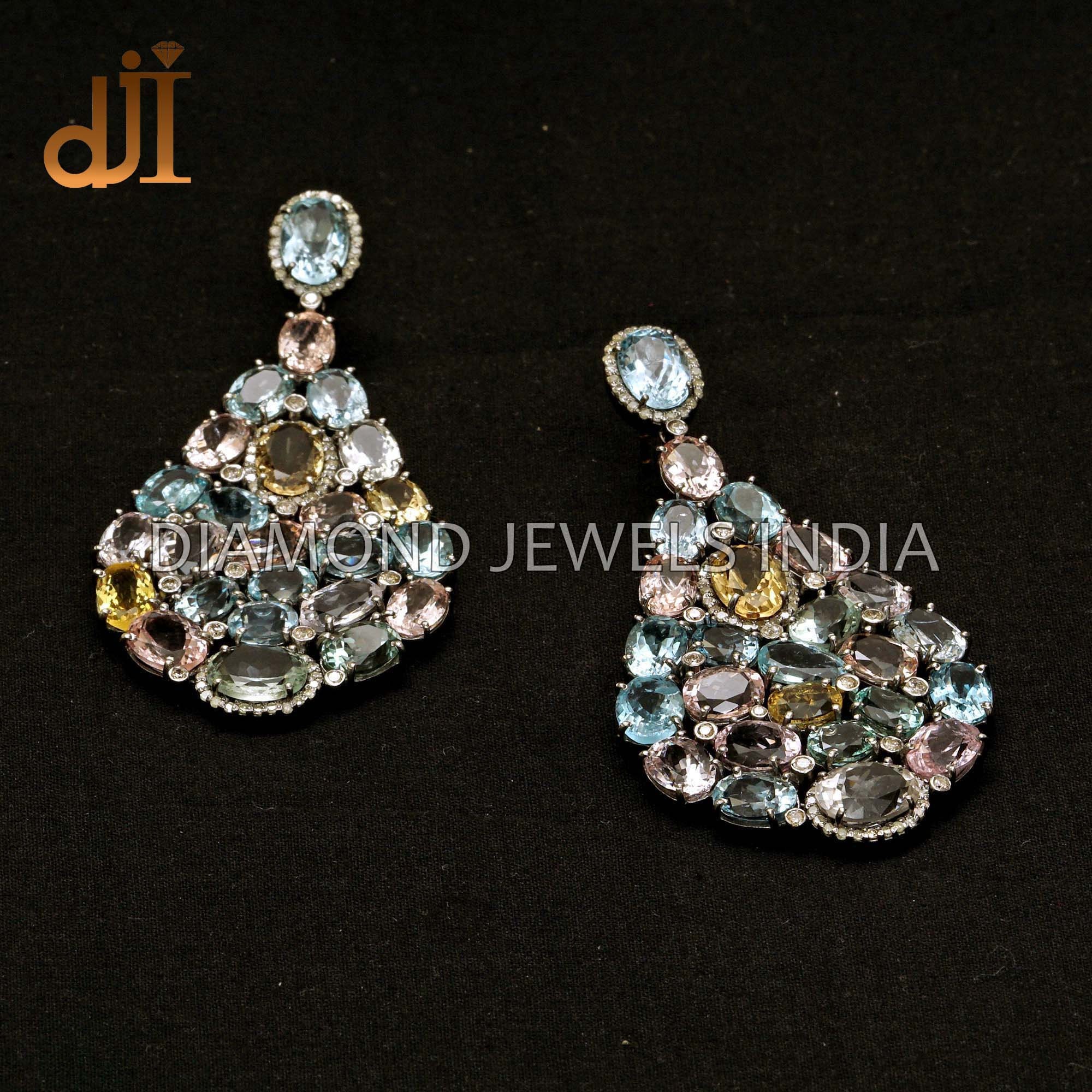 Boucles D'oreilles Pendantes En Argent 925 - Diamants Naturels Pavés 0.42 Ct - Fait Main - Personnalisables