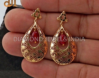 18k Yellow Gold Ruby Drop Earrings: Handmade Designer Jewelry