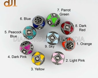 Natural Pave Diamond Enamel 15 mm Bead Oxidized 925 Silver Jewelry Accessories Component