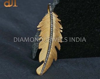 Natural Pave Diamond Yellow Vermeil 925 Silver Leaf Pendant 18" Chain Necklace Jewelry, Gift For Her Pendant