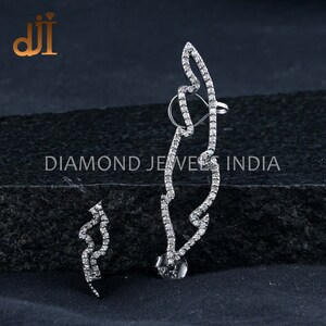 Pave Diamond Oxidized Silver Ear Cuff, Champagne Diamond Ear Cuff, 925 Silver Earrings, Ear Cuff With Stud, Handcrafted Earlobe Jewelry