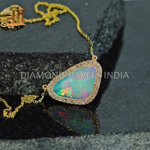 Natural Opal Gemstone 14k Gold Pave Diamond Pendant Chain Necklace Summer Jewelry, Delicate Necklace, Minimalist Jewelry, Mother&#39;s Day Gift