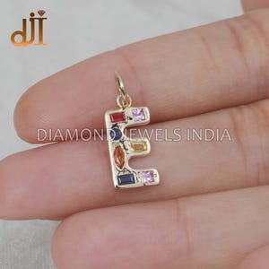 DIAMOND JEWELS INDIA 14k Gold Multi Sapphire E Charm Pendant, Alphabet E Charm, Initial Pendant Jewelry, Christmas Gift Letter Jewelry