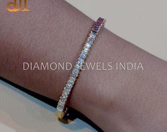 Natural Baguette Diamond 14k Gold Bangle Bracelet: Handmade Cuff