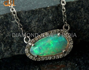 Natural Pave Diamond Opal Gemstone Handmade Pendant Chain Necklace Summer Jewelry NEMJ-655