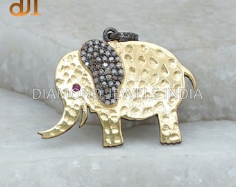 Natuurlijke Pave Diamond Ruby Eye Olifant Charm Hanger Goud Vermeil 925 Zilveren Hanger Ketting Fijne Sieraden