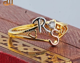 14k Gold Diamond Couple Ring: Personalized Initial Engagement Ring