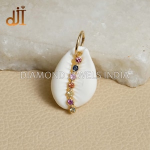 Natural Multi Sapphire Gemstone Solid 14k Yellow Gold COWRIE SHELL PENDANT, Gold Jewelry, Shell Unisex Pendant Jewelry Mother&#39;s Day Gift