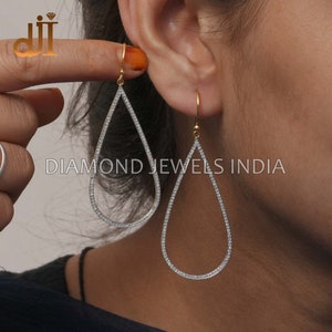 14k Yellow Gold Pave Diamond Earrings Pear Shaped Handmade Drop Dangle Wire Hook Earrings Jewelry, Gift For Her, Designer Earrings