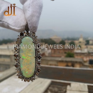 Ethiopian Opal Natural Princess Cut Diamond Designer 925 Silver Pendant Jewelry, Pave Diamond Pendant, Diamond Silver Jewelry, Opal Pendant