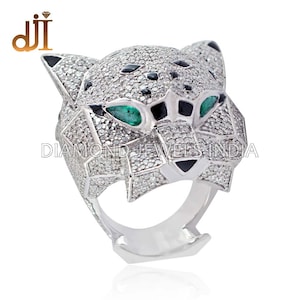 Natural Emerald Eyed Pave Diamond Panther Head Style Black Enamel Designer 925 White Silver Ring Art Deco Halloween Sale Jewelry