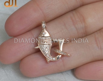 Cierre de pez con diamante natural, oro de 14k, hecho a mano, componente de joyería, accesorios