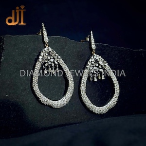 Pave Diamond Solid 925 Silver Earrings, Drop Dangle Earrings, Fashion Earrings Jewelry, Wedding Earrings, Baguette Chandelier Earrings