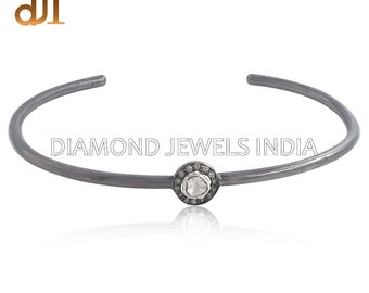 Polki Diamond Oxidized 925 Silver Sleek Bangle Bracelet Delicate Jewelry Valentine Gift For Her Thin Cuff