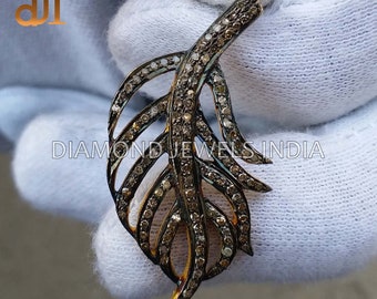 Pave Diamond Gold Vermeil Feather Leaf Pendant Charm, Diamond Jewellery, Pendant Necklace, Gold Vermeil Jewelry