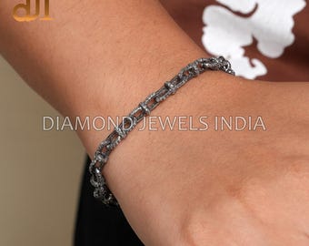 Solid 925 Silver Pave Diamond Link Chain Bracelet, Unisex Stackable Jewelry