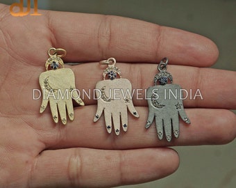 Pave Diamond Hamsa Hand Pendant: Blue Sapphire, Gold Vermeil Silver Charm