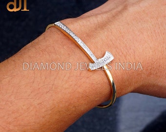 Genuine Diamond T Bangle Bracelet 14k Gold Designer Cuff Jewelry, Anniversary Gift For Her
