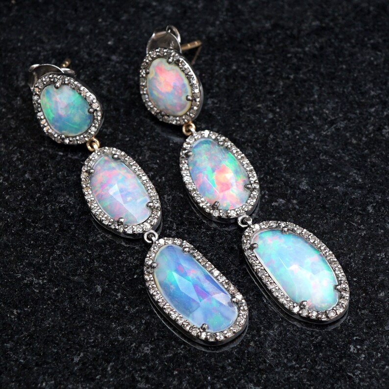 Opal Gemstone Pave Diamond 14k Gold Handcrafted Drop Dangle 925 Silver Earrings Jewelry EAMJ-1150