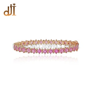Natural Diamond Solid 14k Gold Pink Sapphire Gemstone Handmade Openable Bangle Bracelet Fine Jewelry 45x60 MM, Wedding Bangle Bracelet