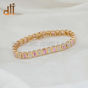Pink Sapphire Diamond 14k Gold Bracelet, Birthday Gift Jewelry, Natural Diamond Fine Jewelry, 7&quot; Bracelet Length, Diamond Link Bracelet