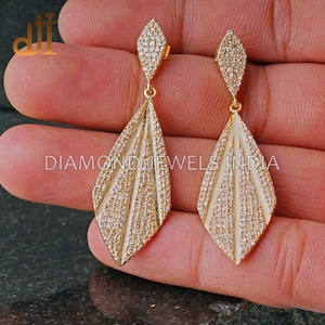 14k Gold Pave Diamond Earrings, Drop Dangle Push Back Earrings, Pave Diamond Jewelry, Valentine Day Gift For Her, Designer Jewelry