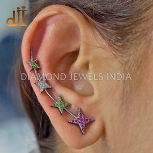 Natural Ruby Gemstone Oxidized 925 Silver Pave Diamond Designer Climber Star Earlobe Ear Cuff Chrome Diopside Gift For Her Handmade Jewelry