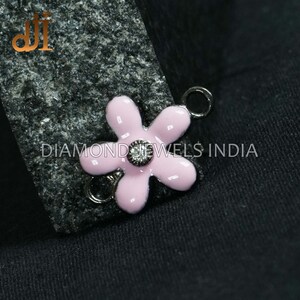 Pink Enamel Pave Diamond Connector, 925 Silver Connector Finding, Jewelry Component, Floral Connector, Charm For Bracelet Necklace Jewelry