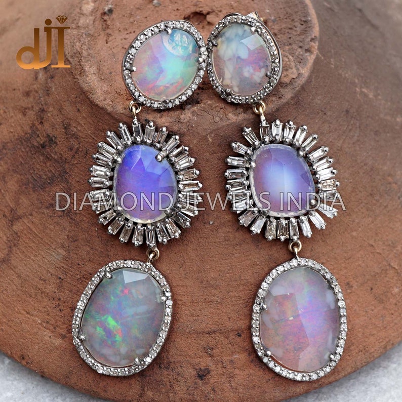 Natural Opal Gemstone 925 Silver Pave Diamond Designer Drop - Etsy