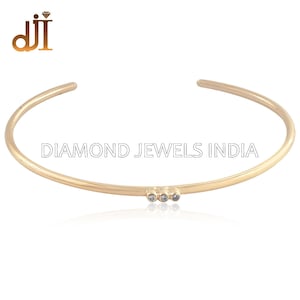 Three Diamond On Top Solid 14k Yellow Gold Handmade Cuff Bangle Bracelet Jewelry, Delicate Thin Bracelet, Stack Bracelet Jewellery