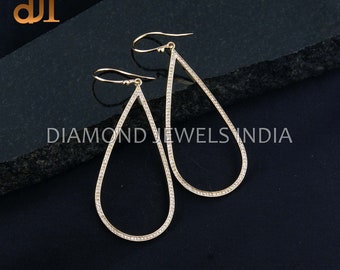 14k Yellow Gold Pave Diamond Earrings Pear Shaped Handmade Drop Dangle Wire Earrings Jewelry