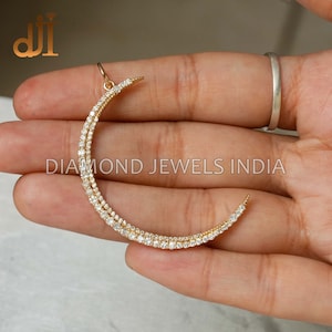 Half MOON PENDANT Double Cut White Pave Diamond 14k Gold Jewelry, Diamond Jewellery, 14k Gold Pendant, Diamond Moon Pendant Jewelry